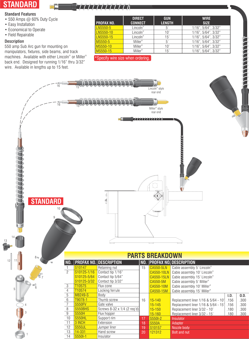 SUB ARC GUN 3/32 15' CABLE    Part # MS550-15